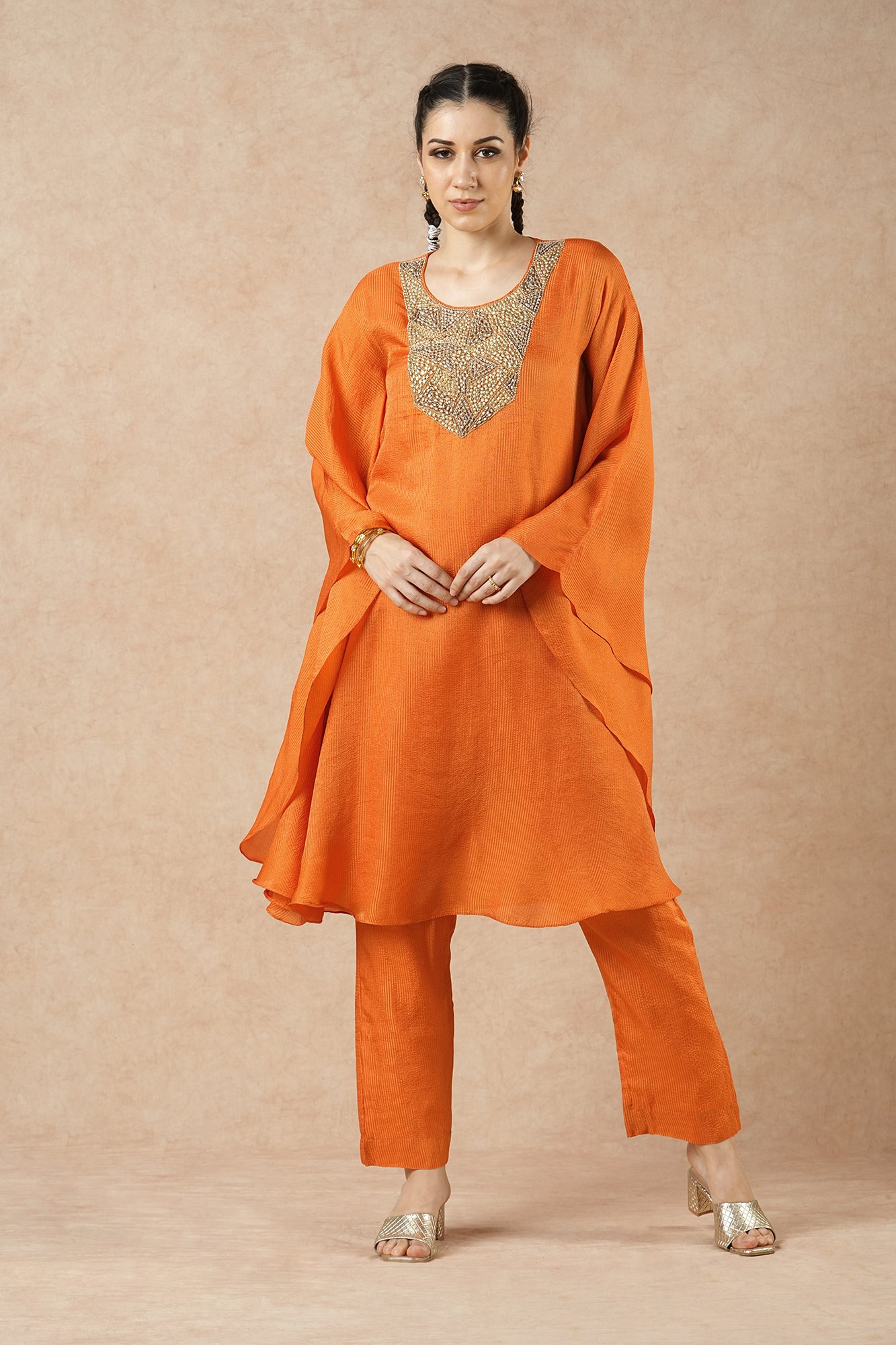 Willow Tangerine Orange Stripes Flowy Kaftan Kurta Set