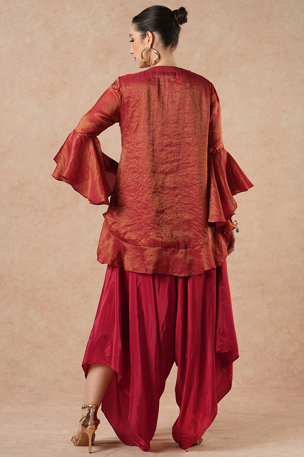 Snowflake Ruby Red Stripes Solid Kurta Set with Flared Pants