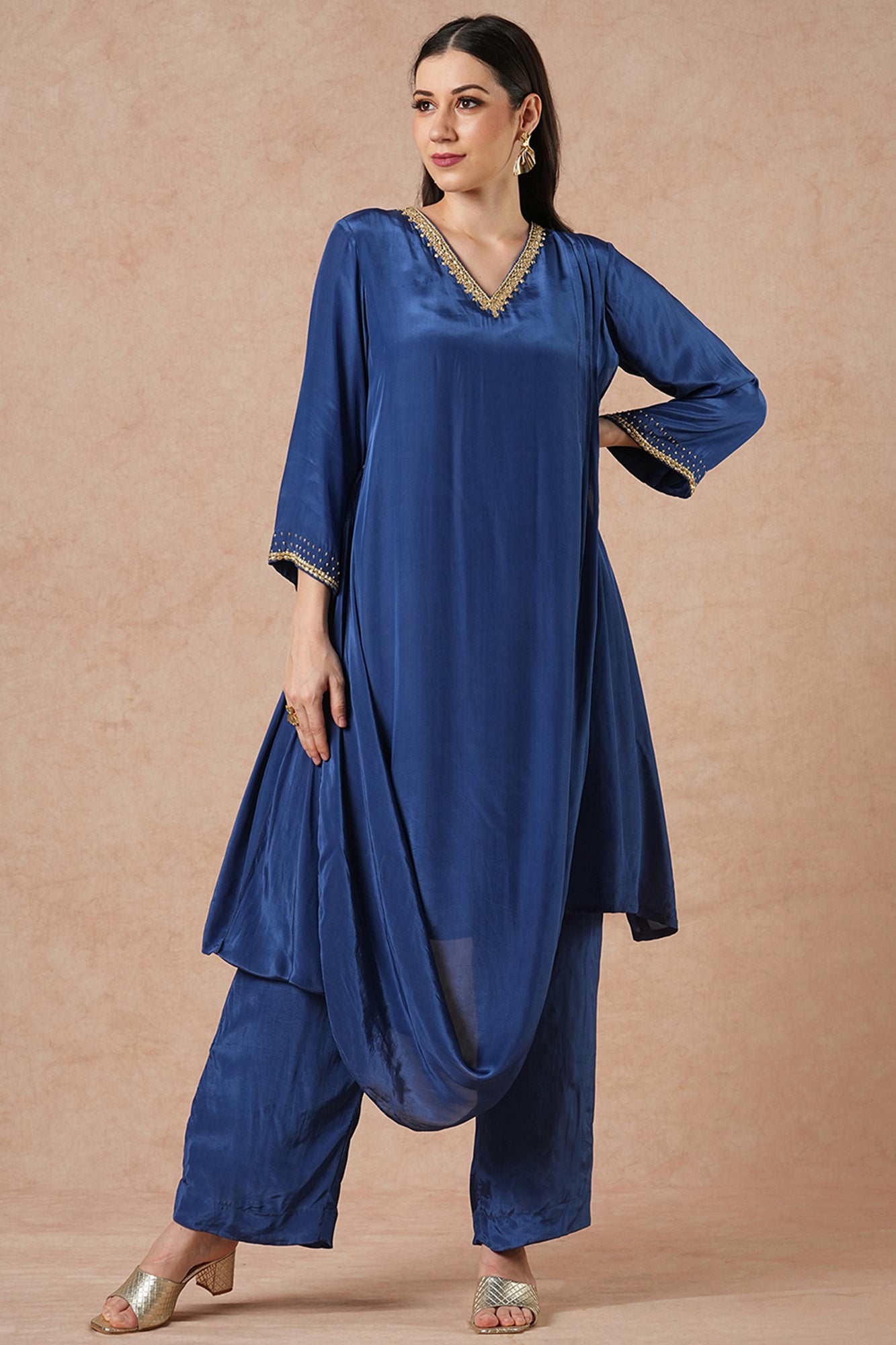 Twilight Midnight Blue Solid Draped Kurta Set