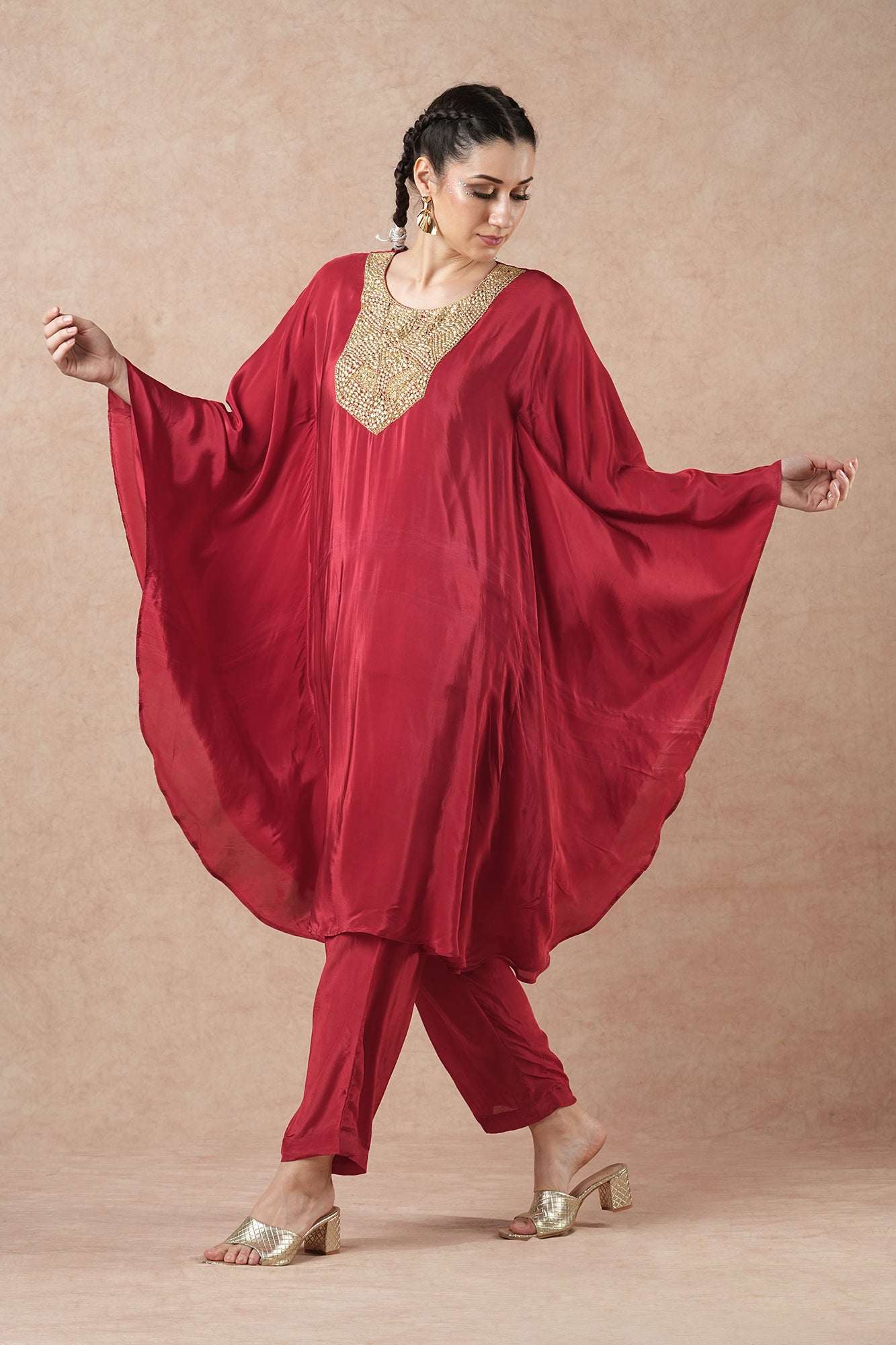 Willow Ruby Red Solid Flowy Kaftan Kurta Set