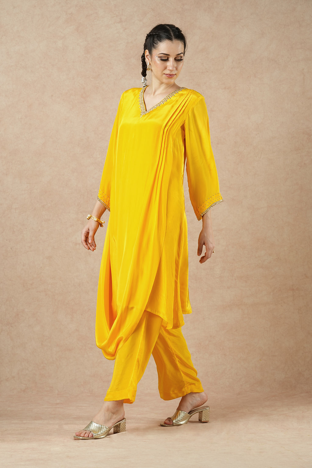 Twilight Golden Yellow Solid Draped Kurta Set