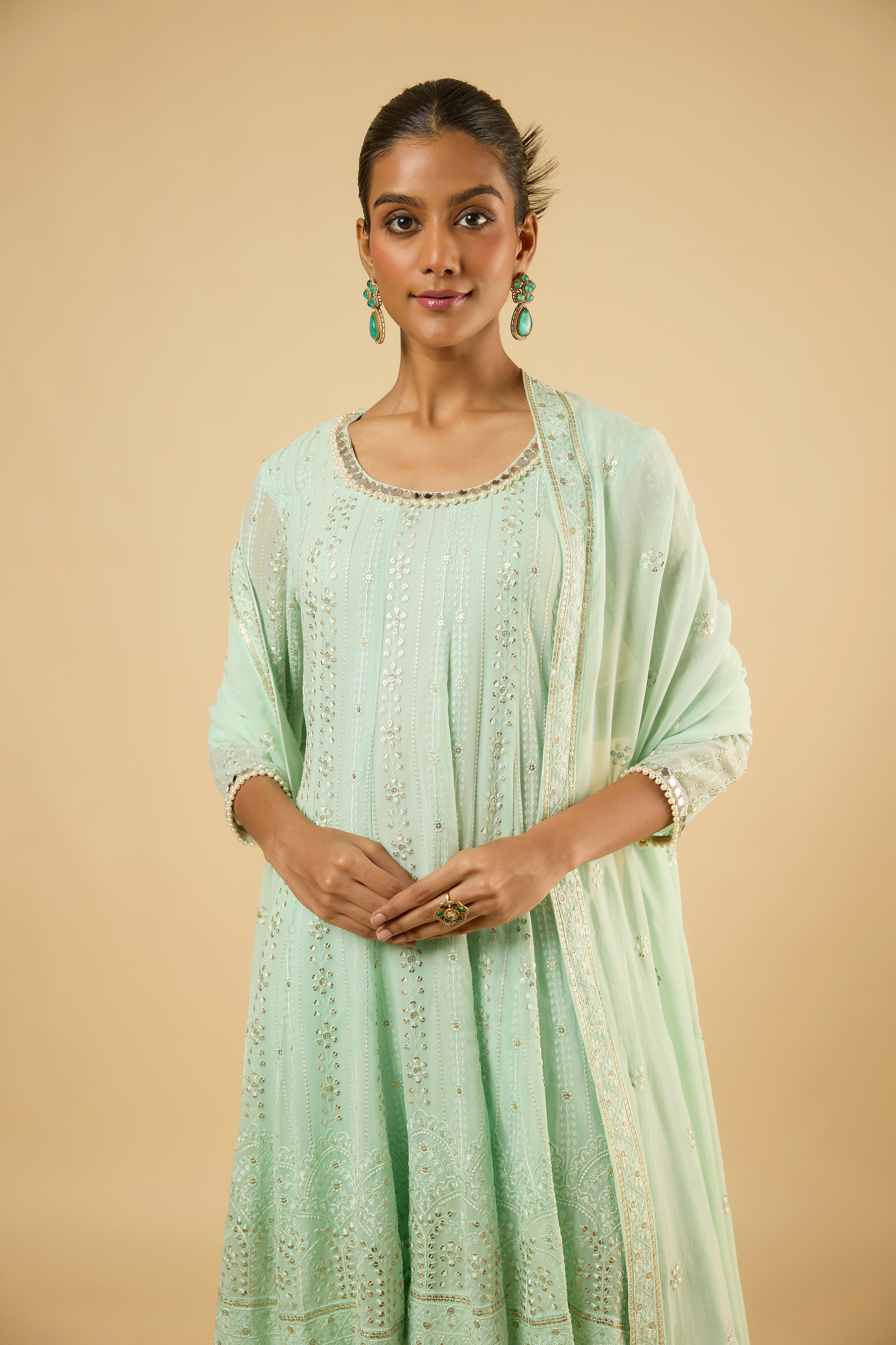 Blossom Mint Mirror Peplum Anarkali Set