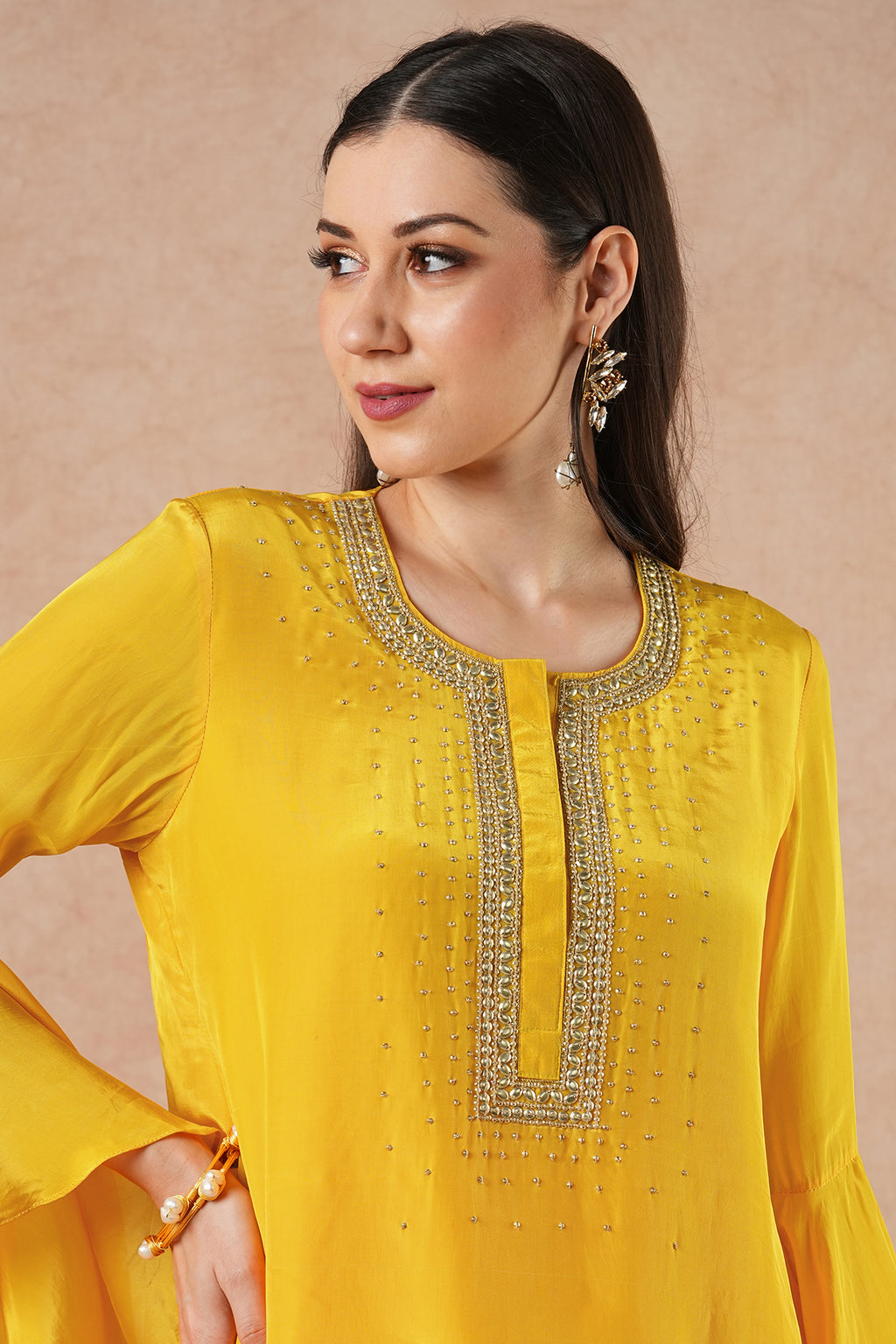 Snowflake Golden Yellow Solid Kurta Set with Flared Pants