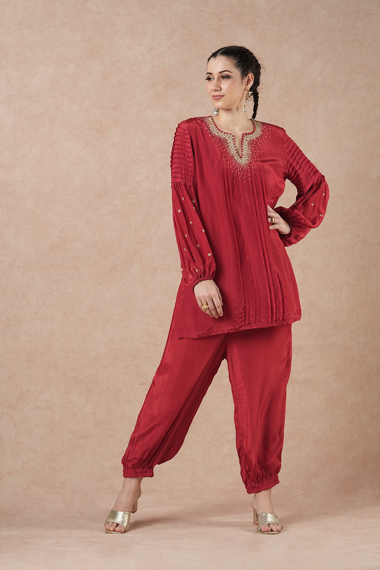 Pine Ruby Red Solid Short Kurta Set
