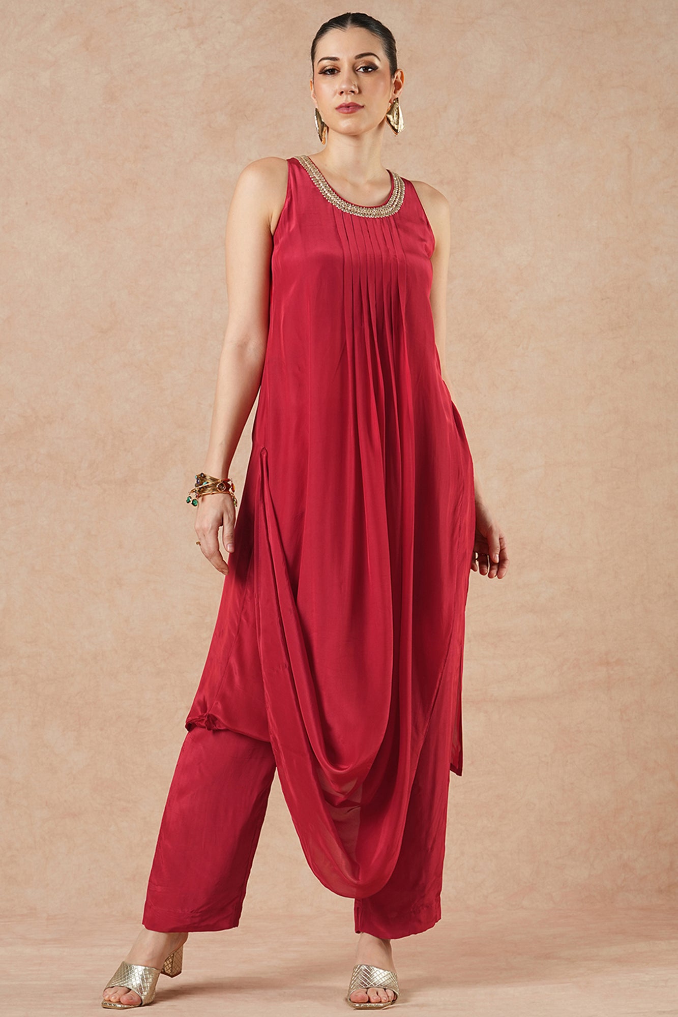 Crescent Ruby Red Solid Incut Kurta Set