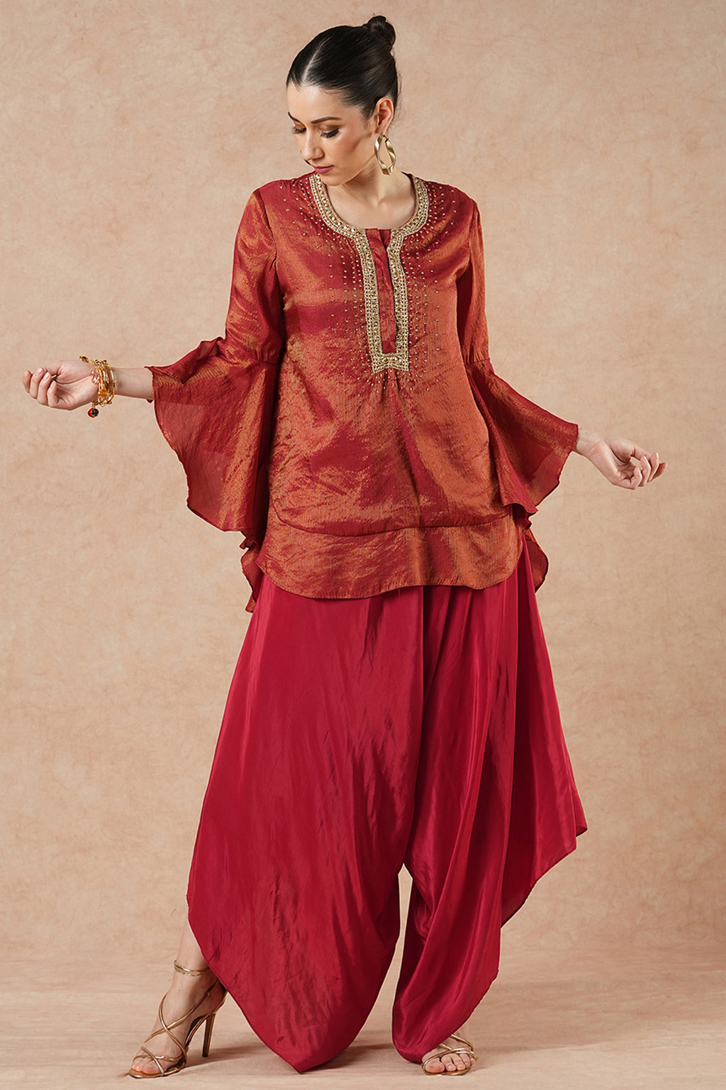 Snowflake Ruby Red Stripes Solid Kurta Set with Flared Pants