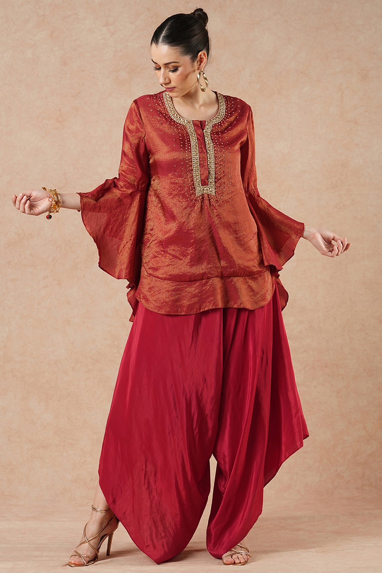 Snowflake Ruby Red Stripes Solid Kurta Set with Flared Pants