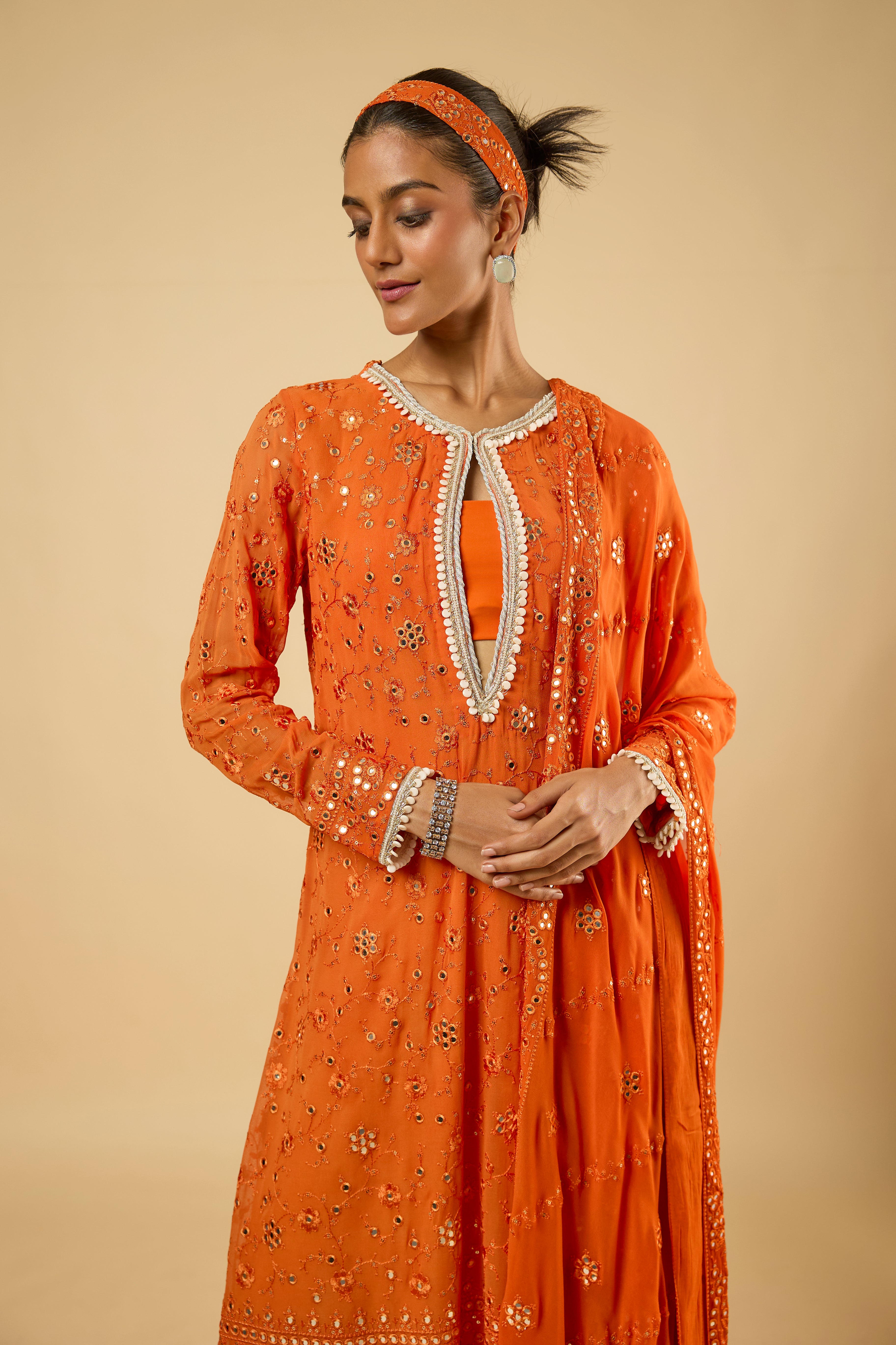 Aster Tangerine Mirror Kurta Set with Bustier