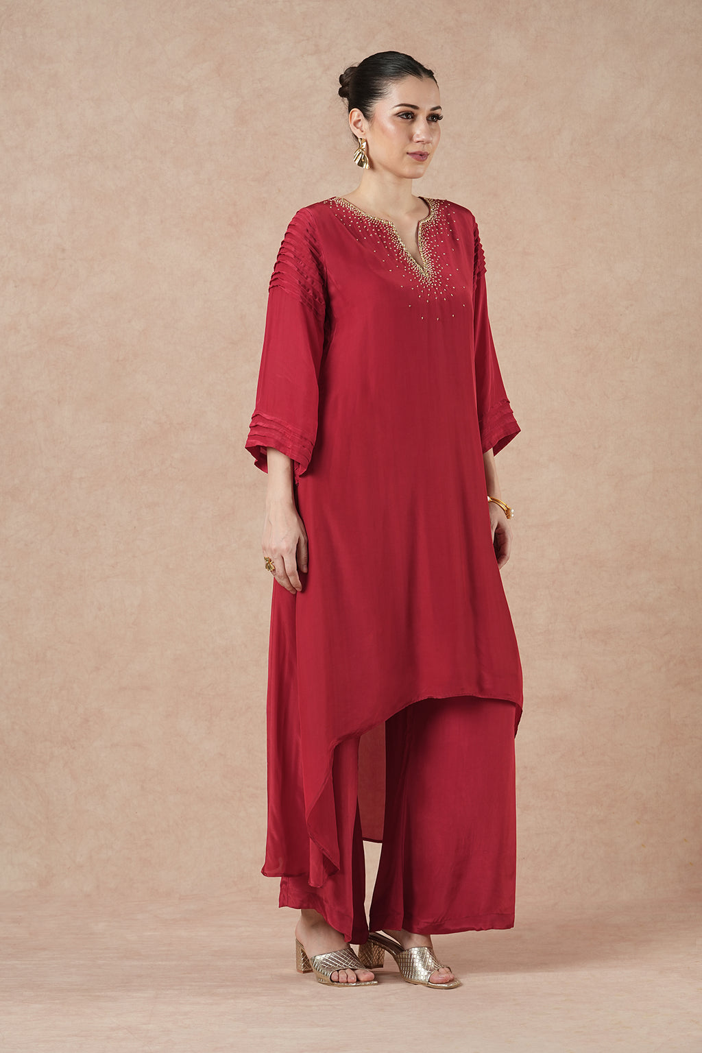 Wisp Ruby Red Solid Asymetric Kurta Set