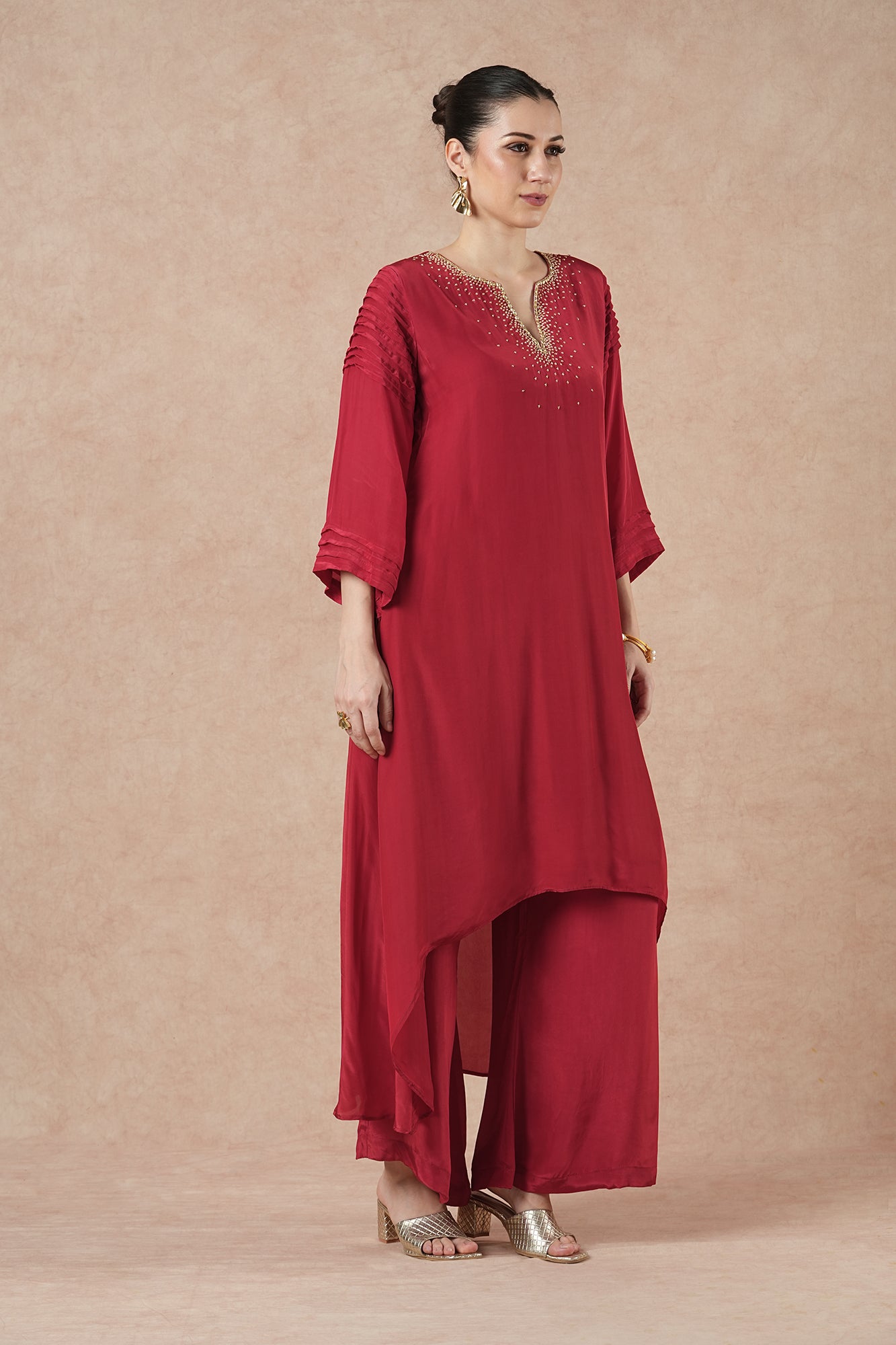 Wisp Ruby Red Solid Asymetric Kurta Set