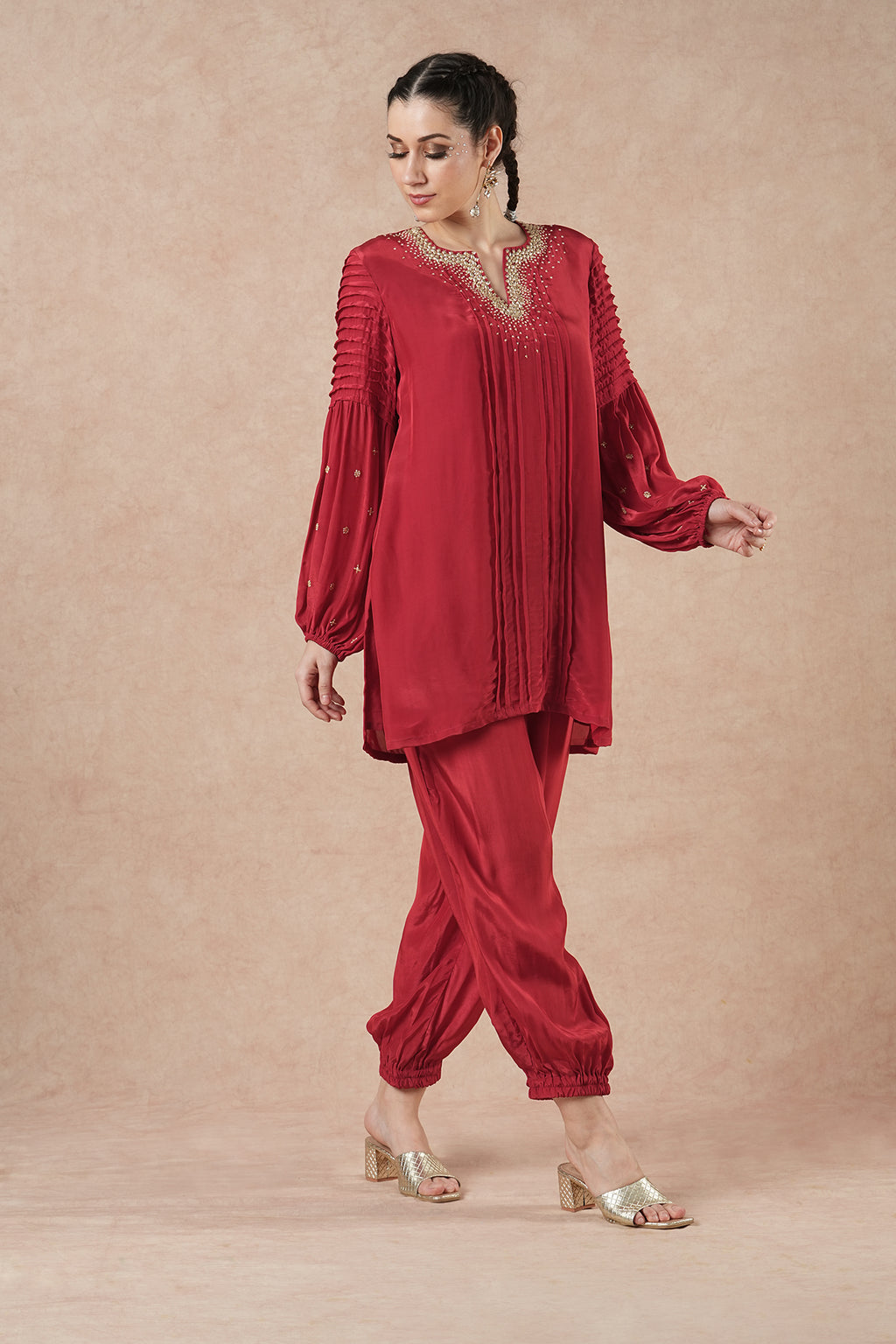 Pine Ruby Red Solid Short Kurta Set