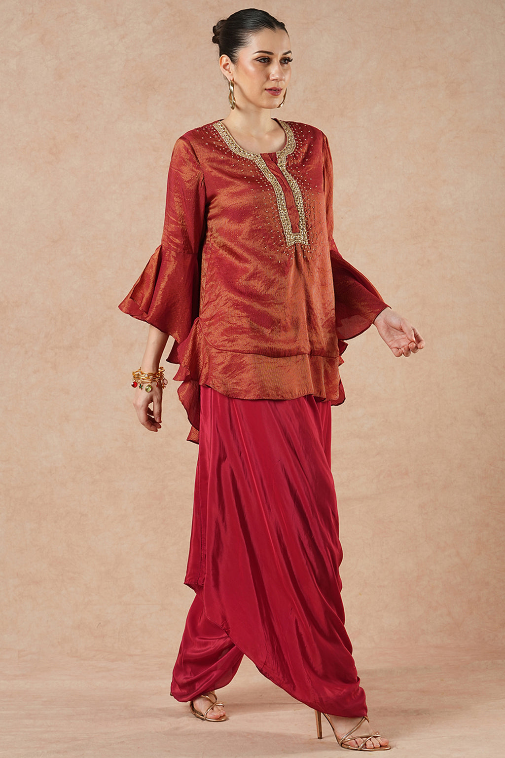 Snowflake Ruby Red Stripes Solid Kurta Set with Flared Pants