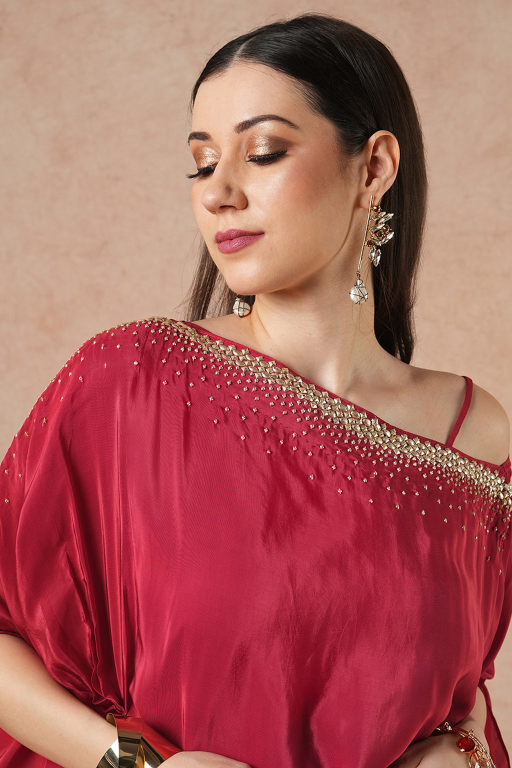 Crescent Ruby Red Solid Flowy Kaftan