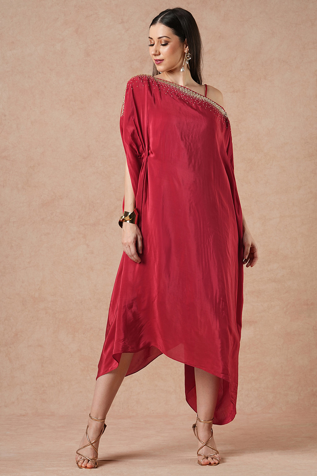 Crescent Ruby Red Solid Flowy Kaftan