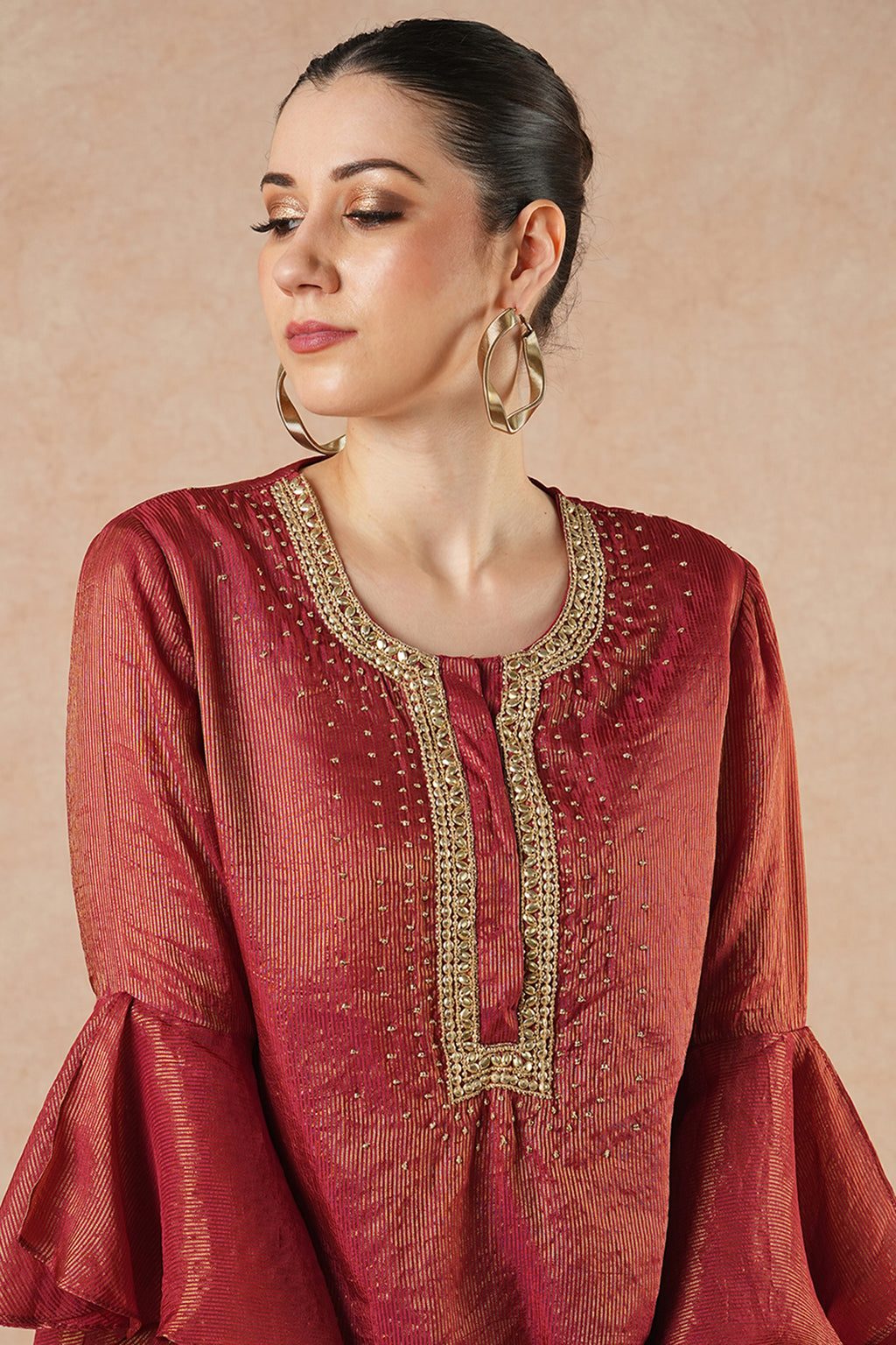 Snowflake Ruby Red Stripes Solid Kurta Set with Flared Pants