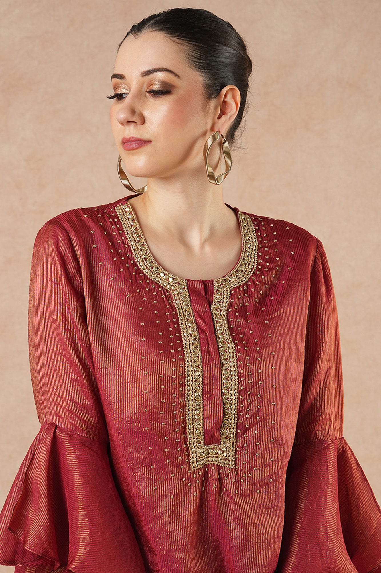 Snowflake Ruby Red Stripes Solid Kurta Set with Flared Pants