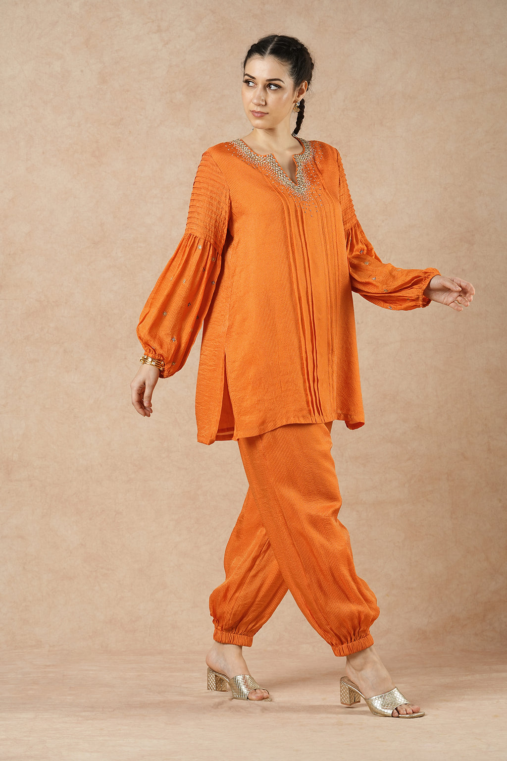 Pine Tangerine Orange Stripes Short Kurta Set