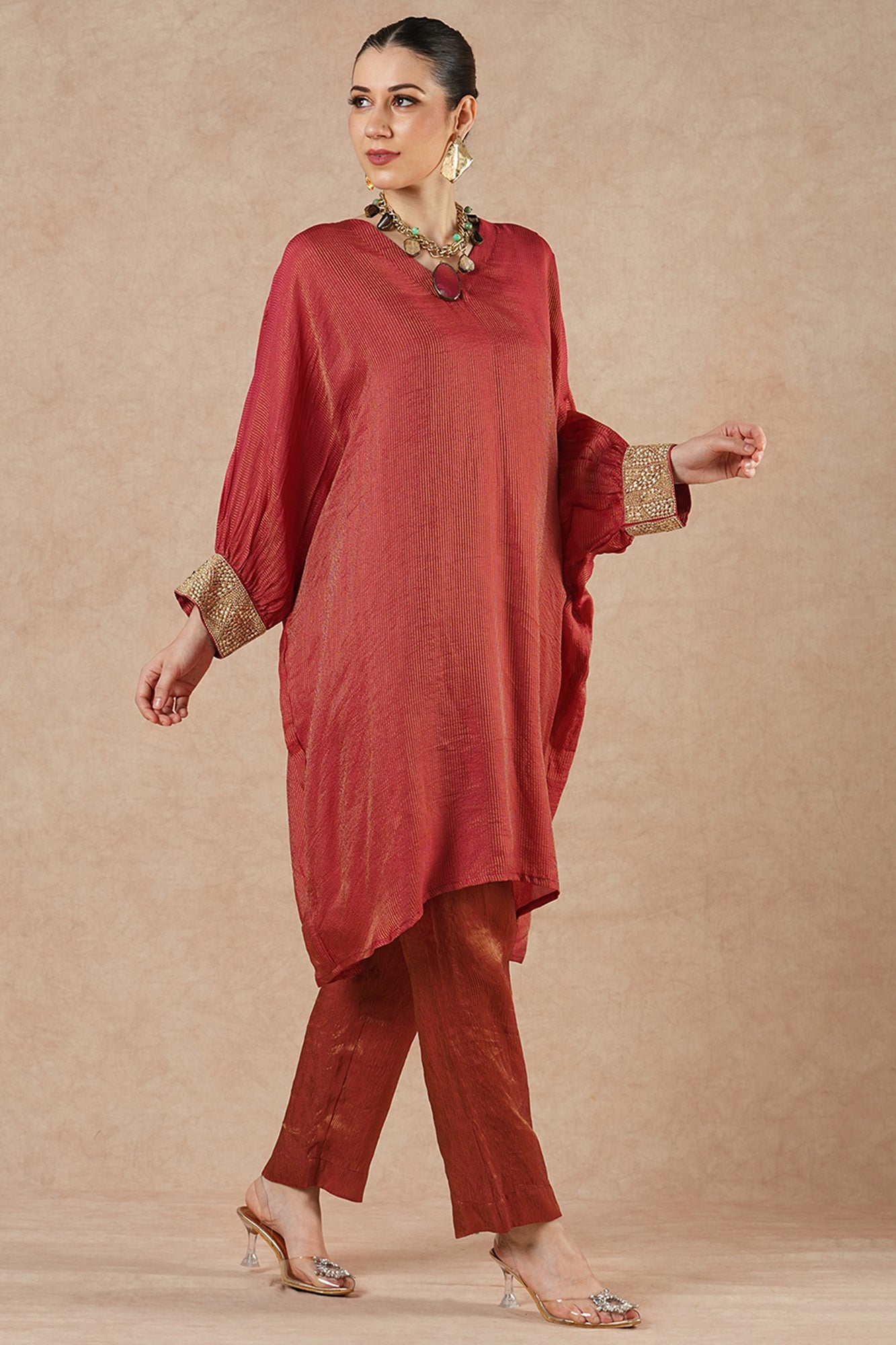 Fern Ruby Red Stripes Kaftan Kurta Set