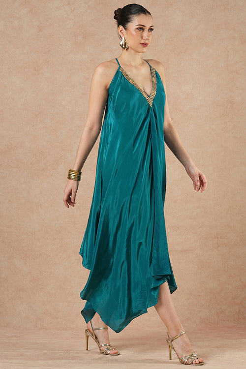 Birch Teal Blue Solid Handkerchief Dress