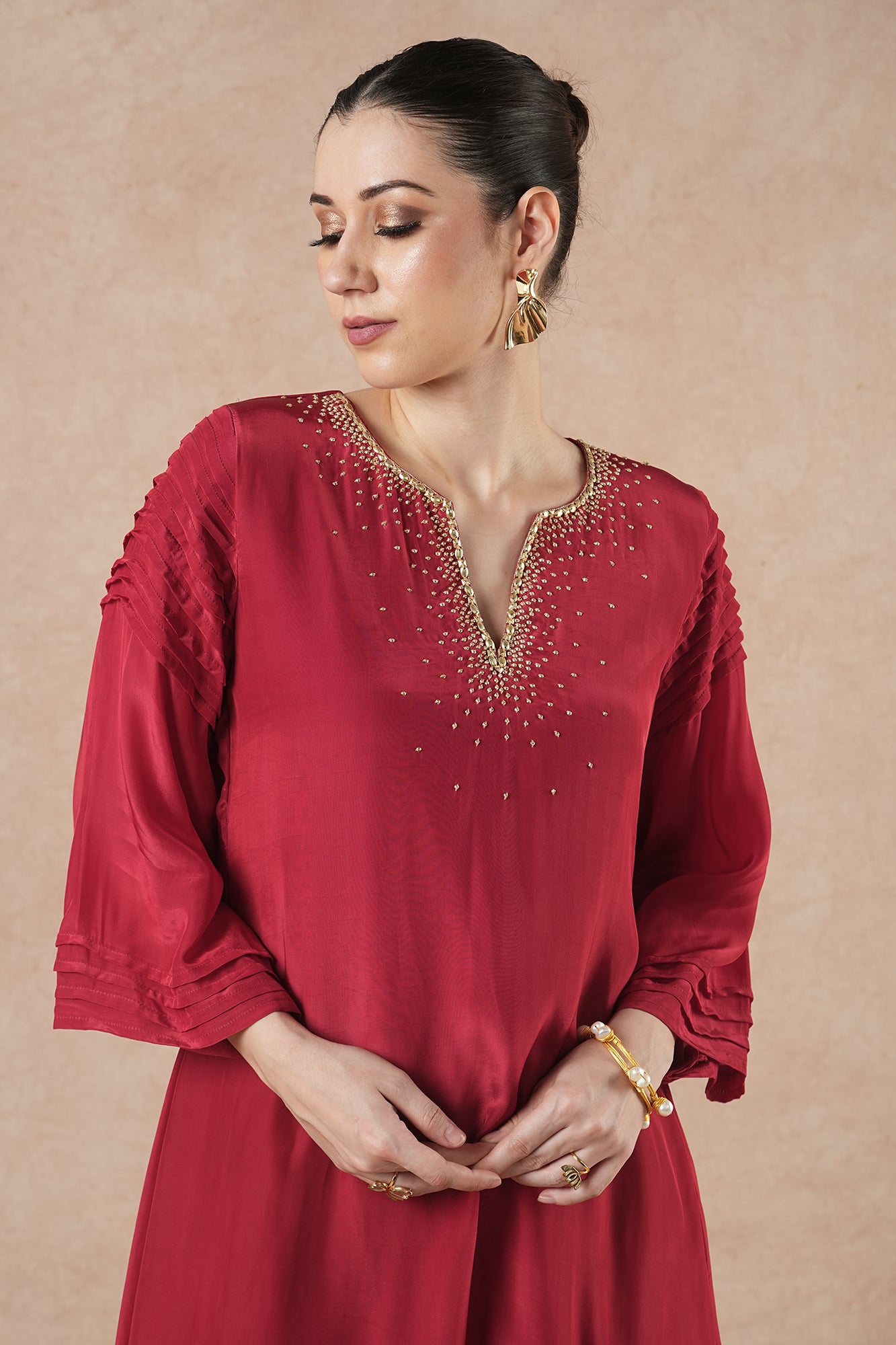 Wisp Ruby Red Solid Asymetric Kurta Set