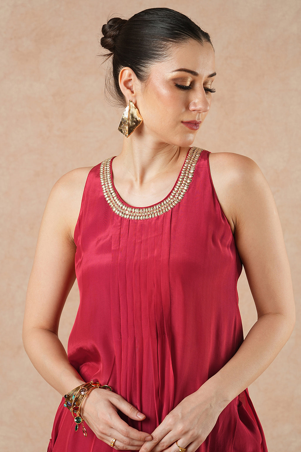 Crescent Ruby Red Solid Incut Kurta Set