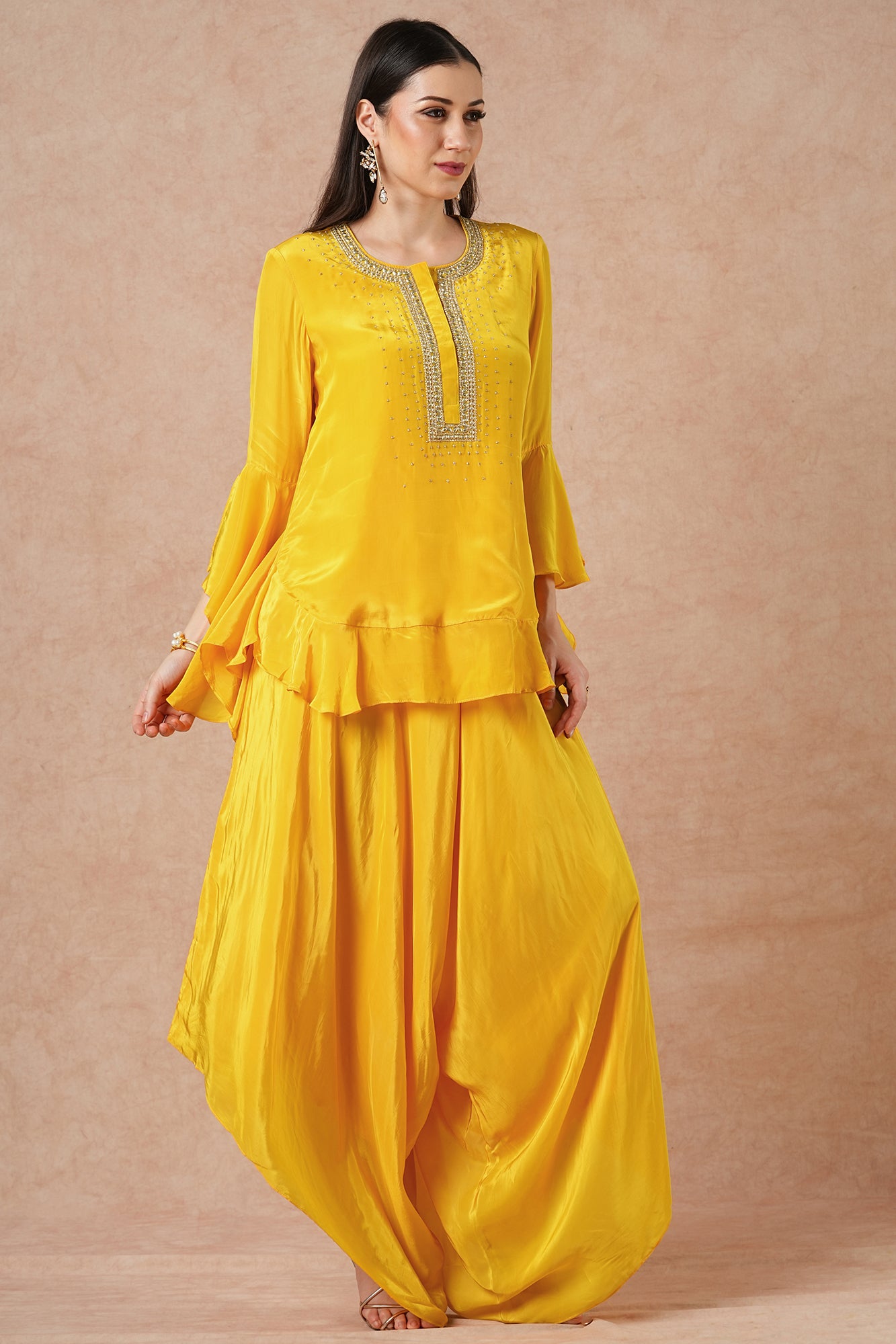 Snowflake Golden Yellow Solid Kurta Set with Flared Pants