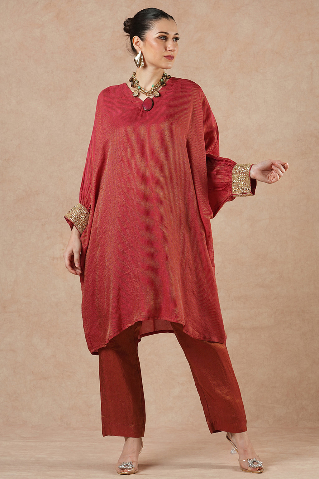 Fern Ruby Red Stripes Kaftan Kurta Set