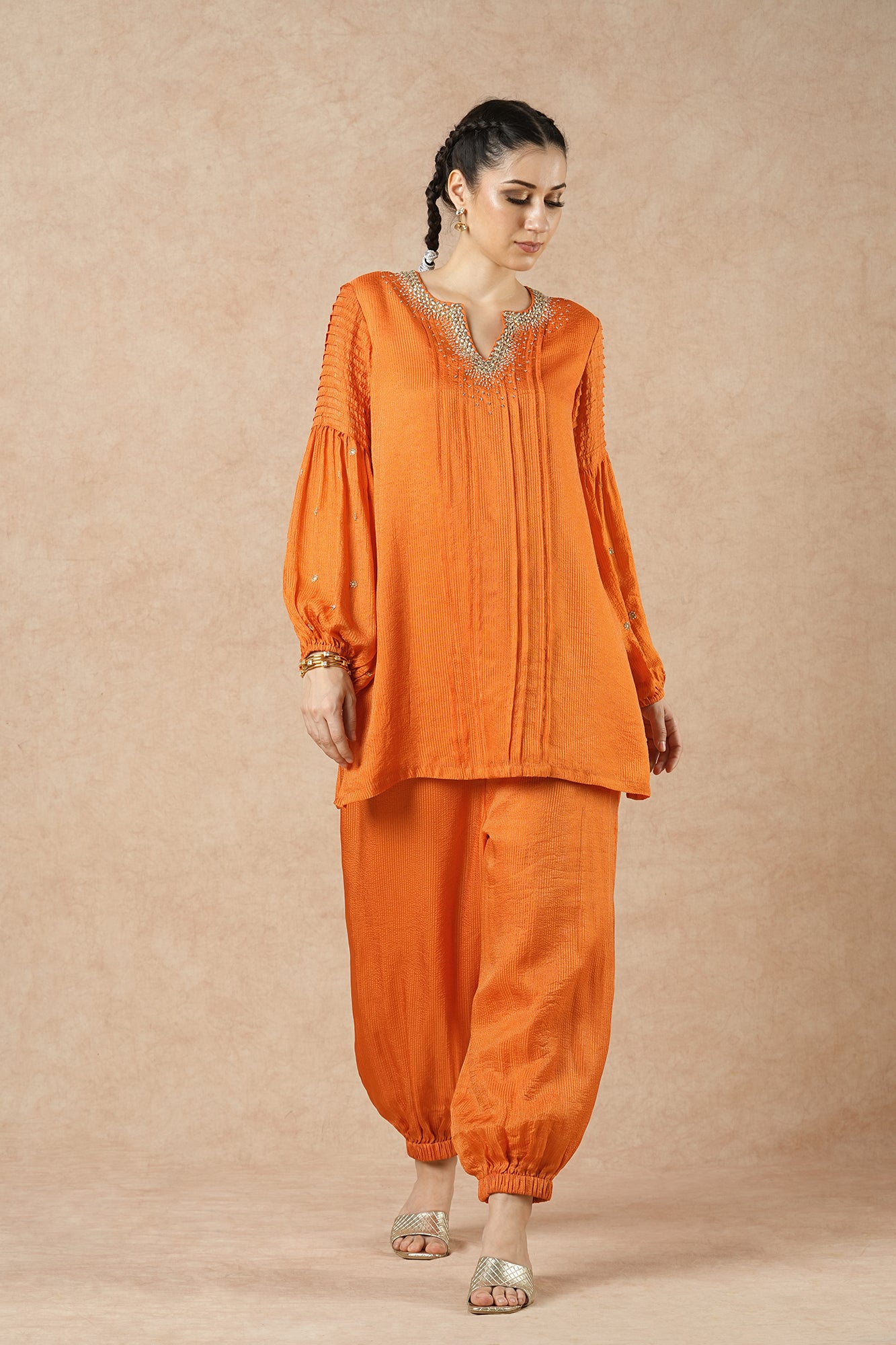 Pine Tangerine Orange Stripes Short Kurta Set