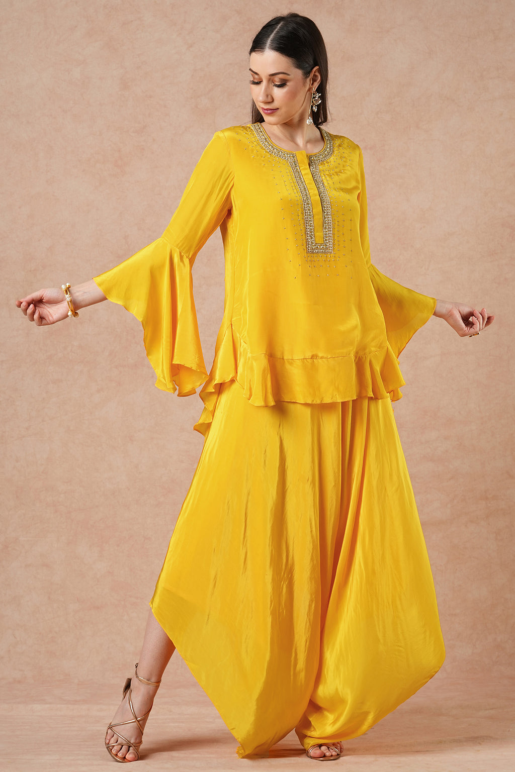 Snowflake Golden Yellow Solid Kurta Set with Flared Pants