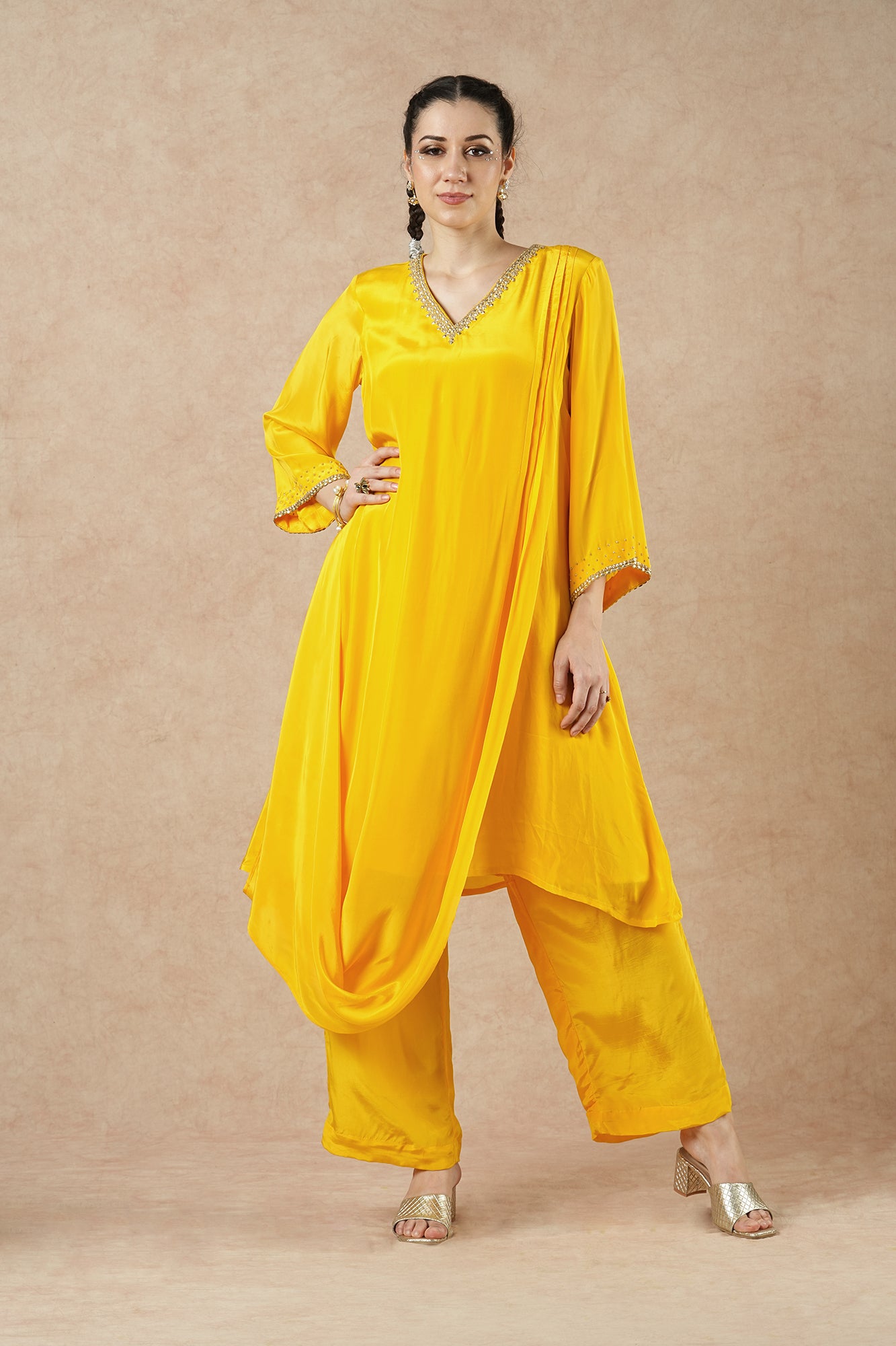 Twilight Golden Yellow Solid Draped Kurta Set