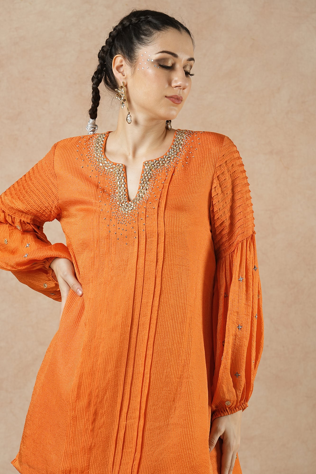 Pine Tangerine Orange Stripes Short Kurta Set