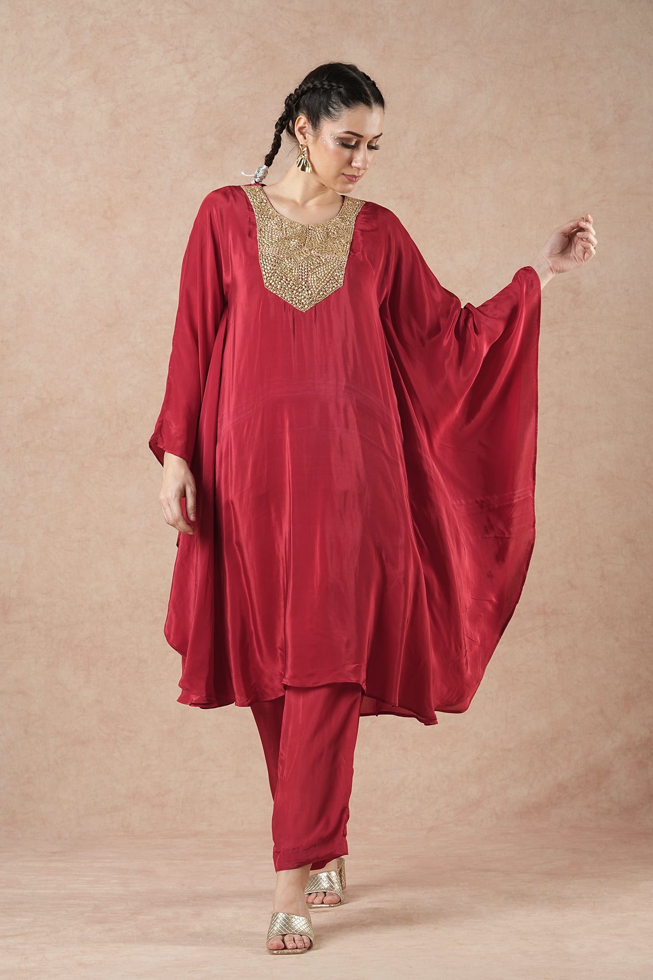 Willow Ruby Red Solid Flowy Kaftan Kurta Set