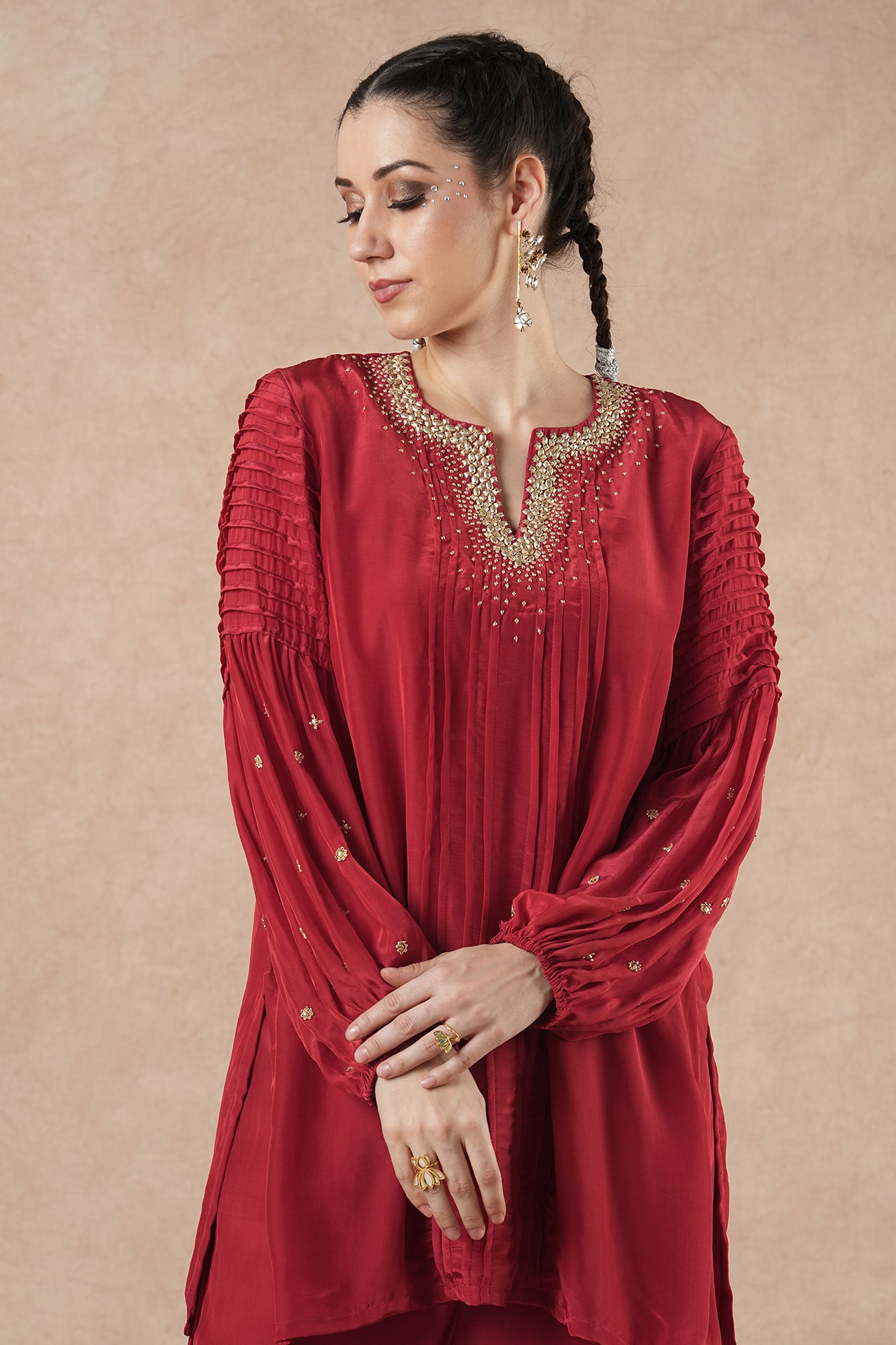 Pine Ruby Red Solid Short Kurta Set