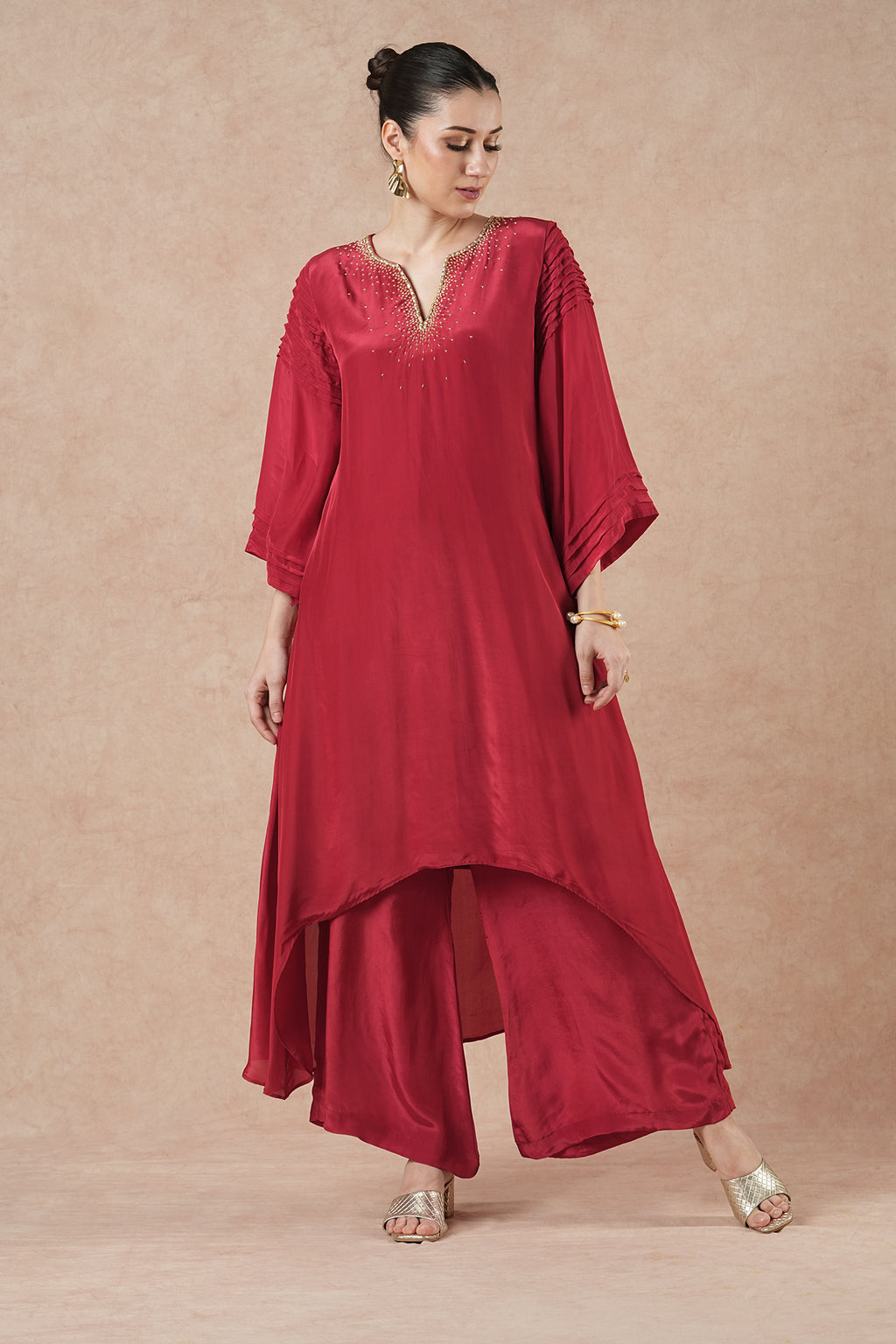 Wisp Ruby Red Solid Asymetric Kurta Set