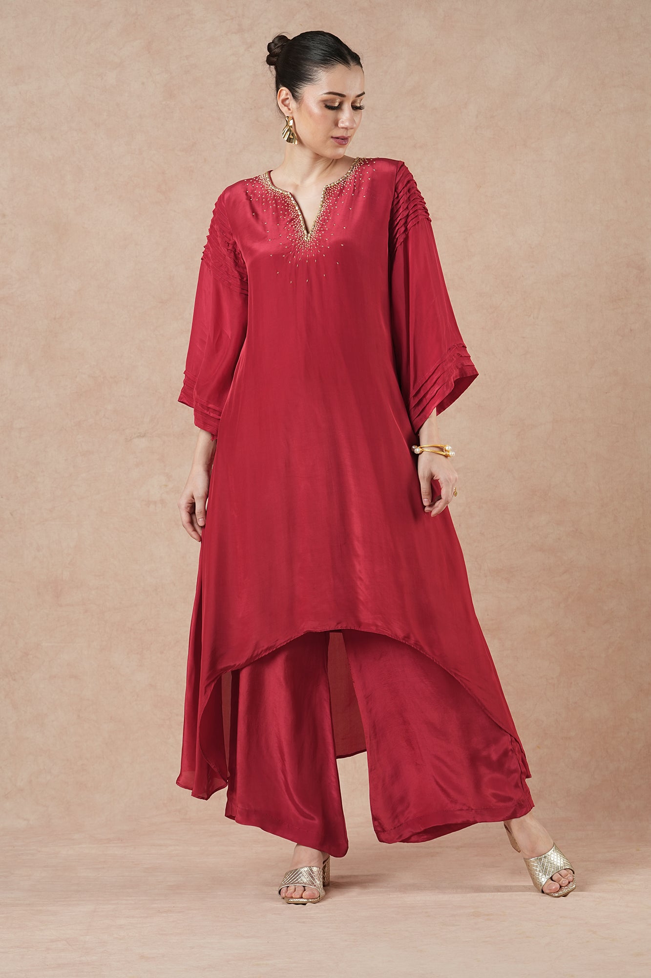 Wisp Ruby Red Solid Asymetric Kurta Set